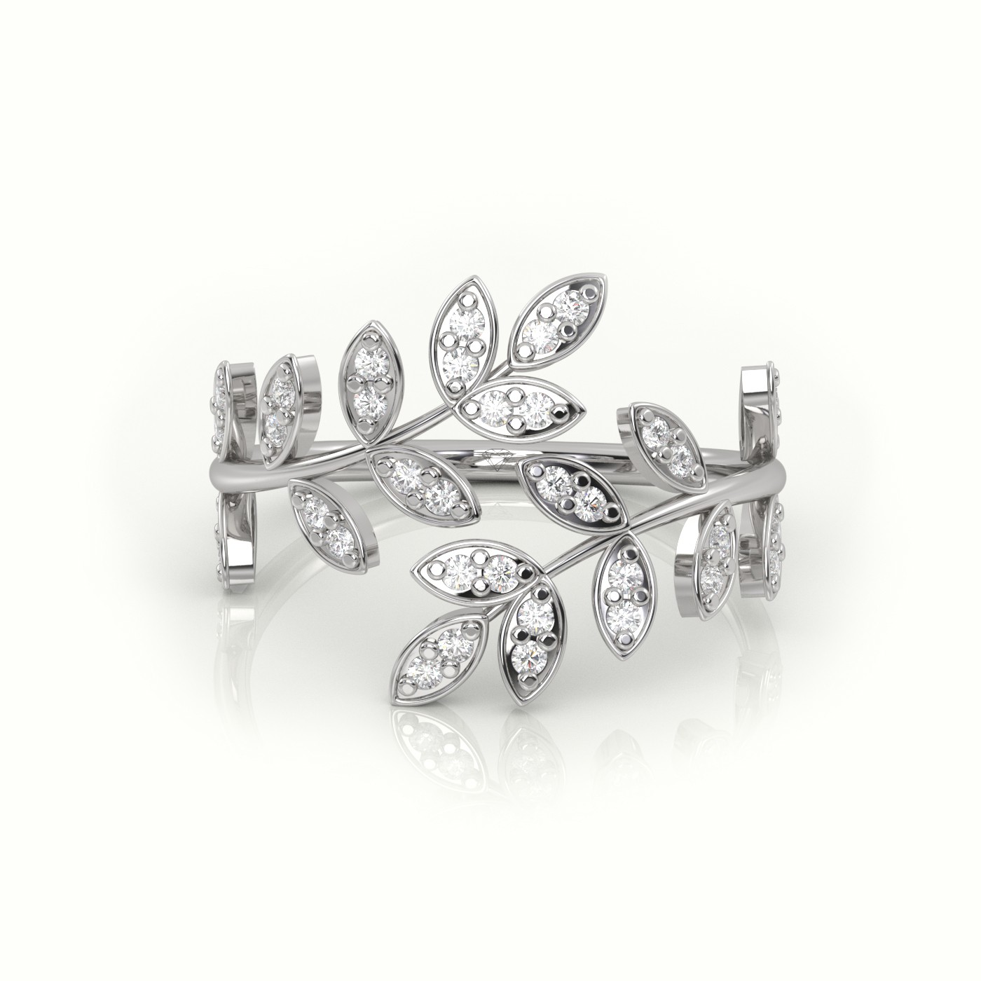 18k white gold  round cut diamond leaf style designer ring