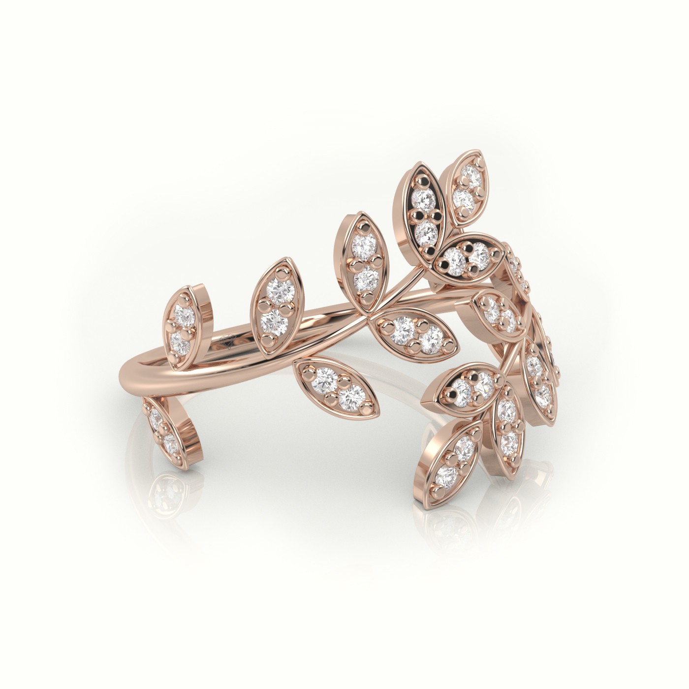 18k rose gold  round cut diamond leaf style designer ring Photos & images