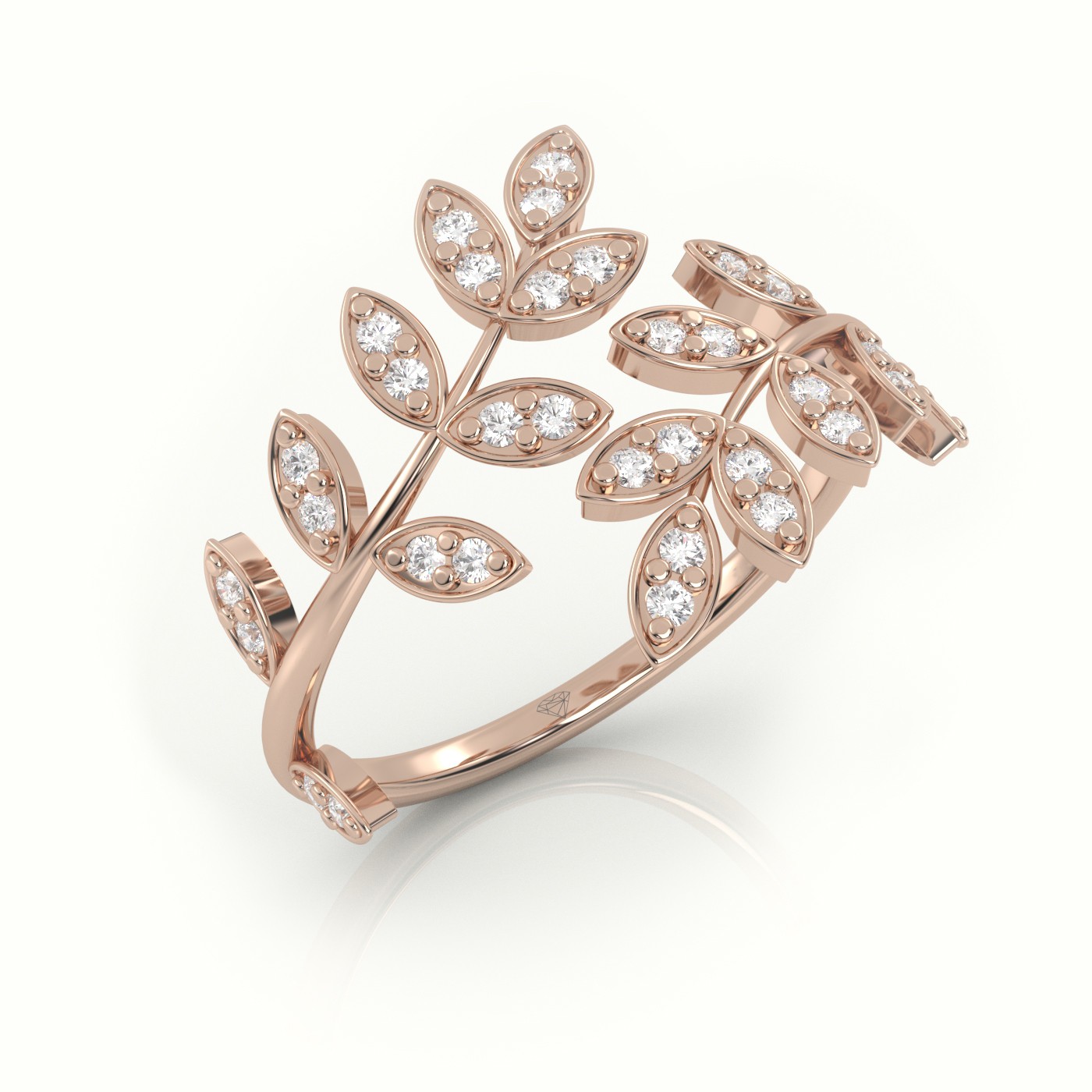 18k rose gold  round cut diamond leaf style designer ring Photos & images