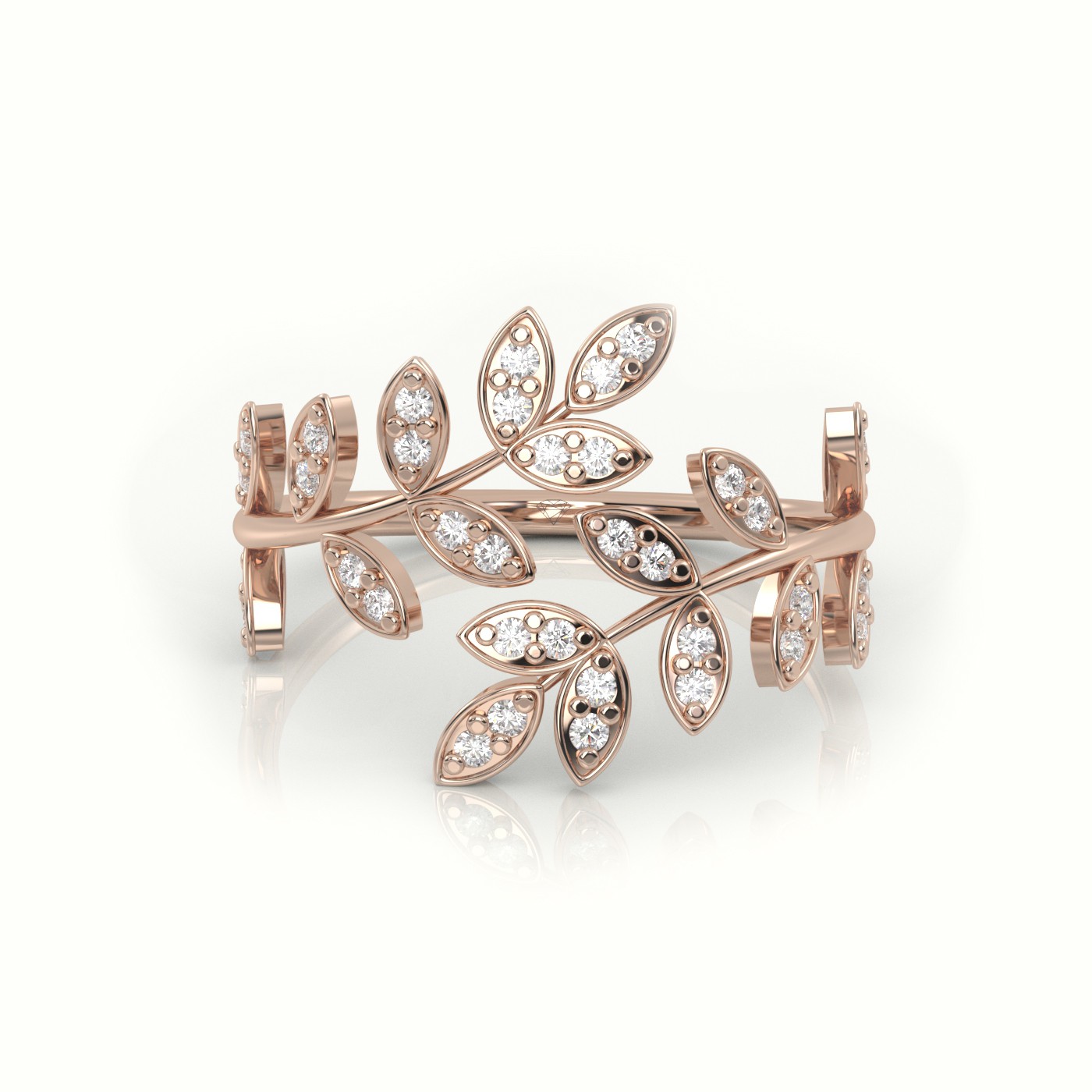 18k rose gold  round cut diamond leaf style designer ring