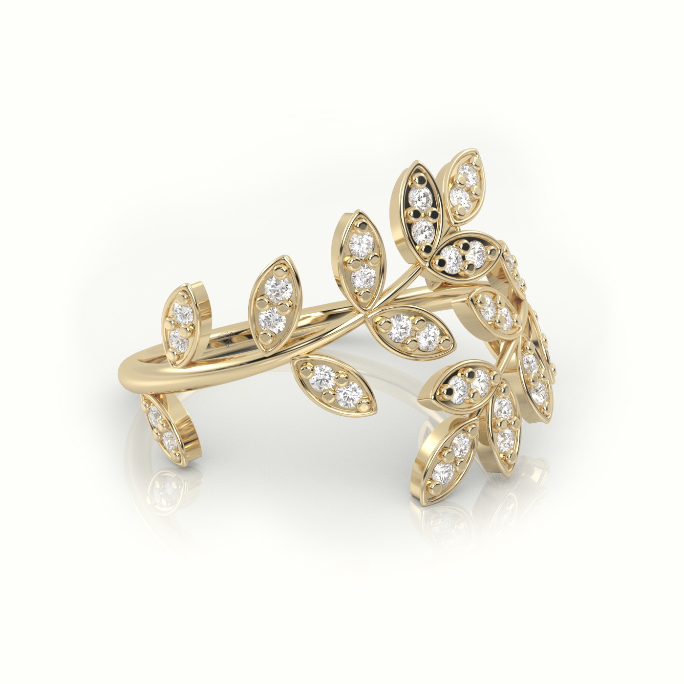 18k yellow gold  round cut diamond leaf style designer ring Photos & images