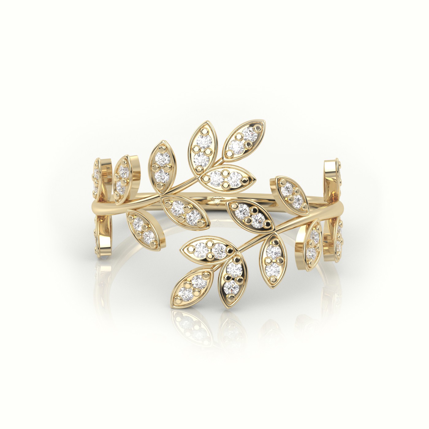 18k yellow gold  round cut diamond leaf style designer ring