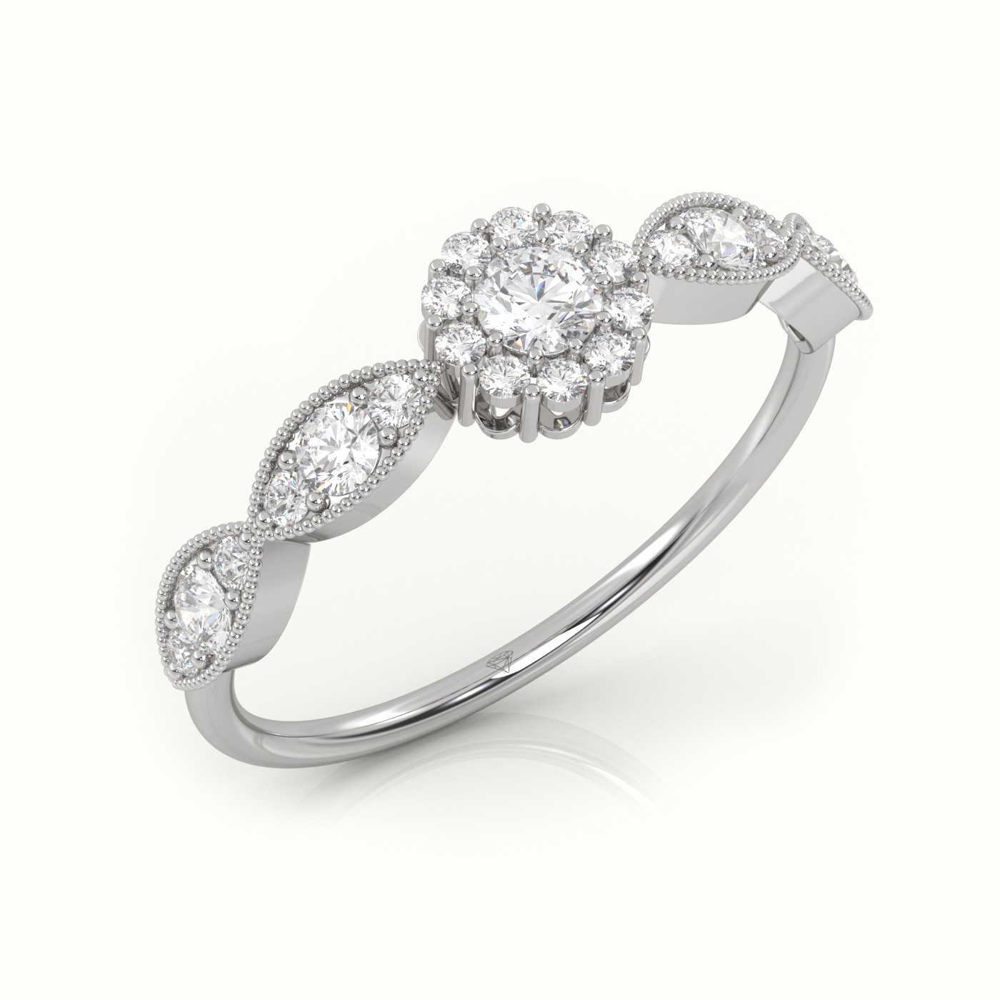 18k white gold  round cut diamond floral design milgrain setting designer ring Photos & images