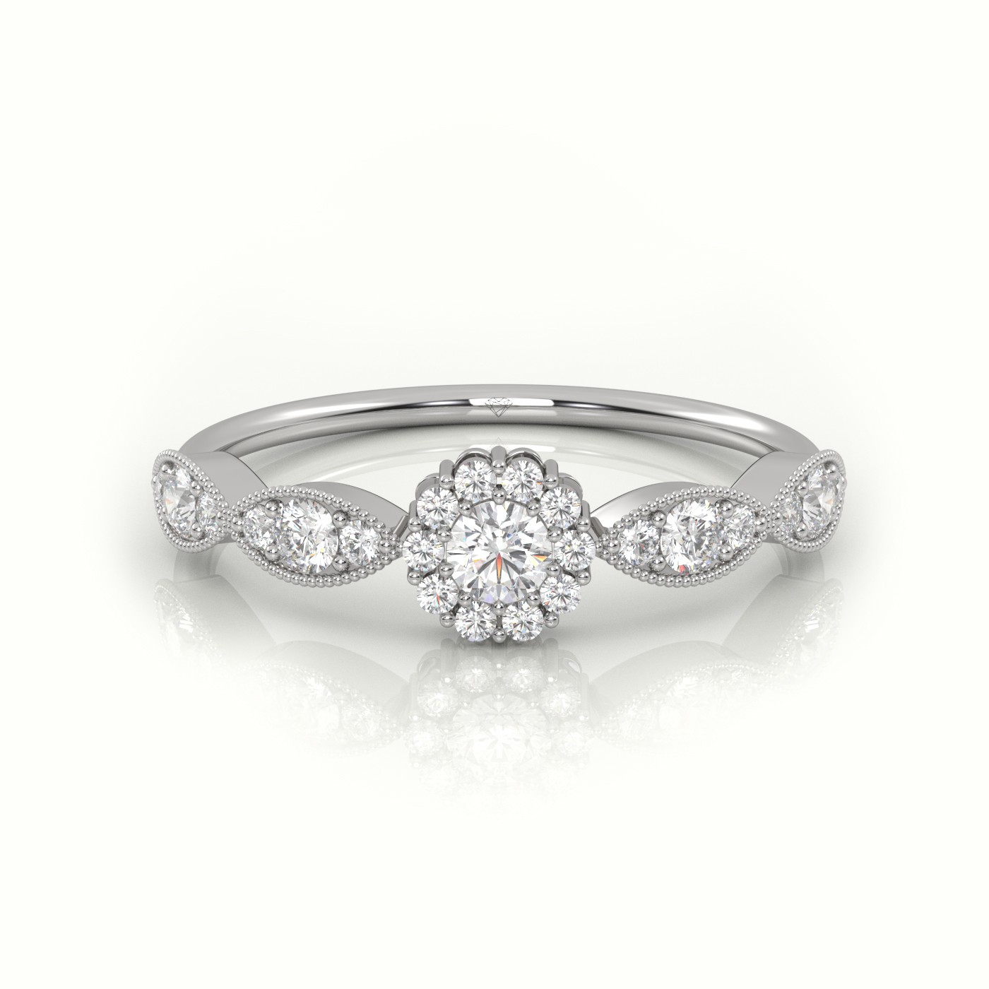 18k white gold  round cut diamond floral design milgrain setting designer ring