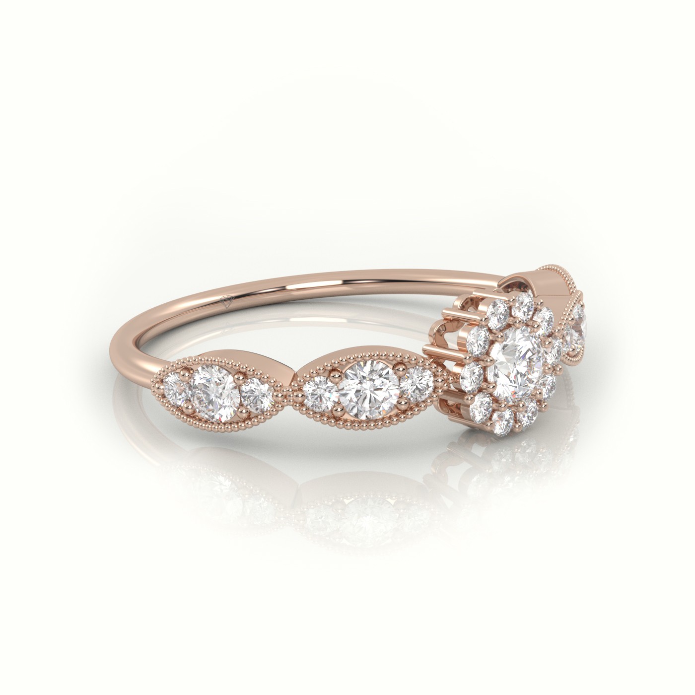 18k rose gold  round cut diamond floral design milgrain setting designer ring Photos & images