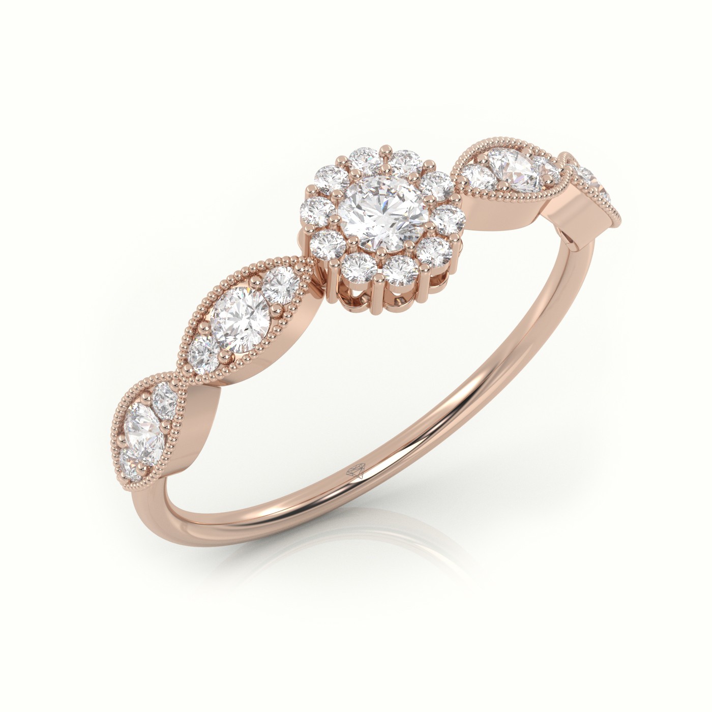 18k rose gold  round cut diamond floral design milgrain setting designer ring Photos & images