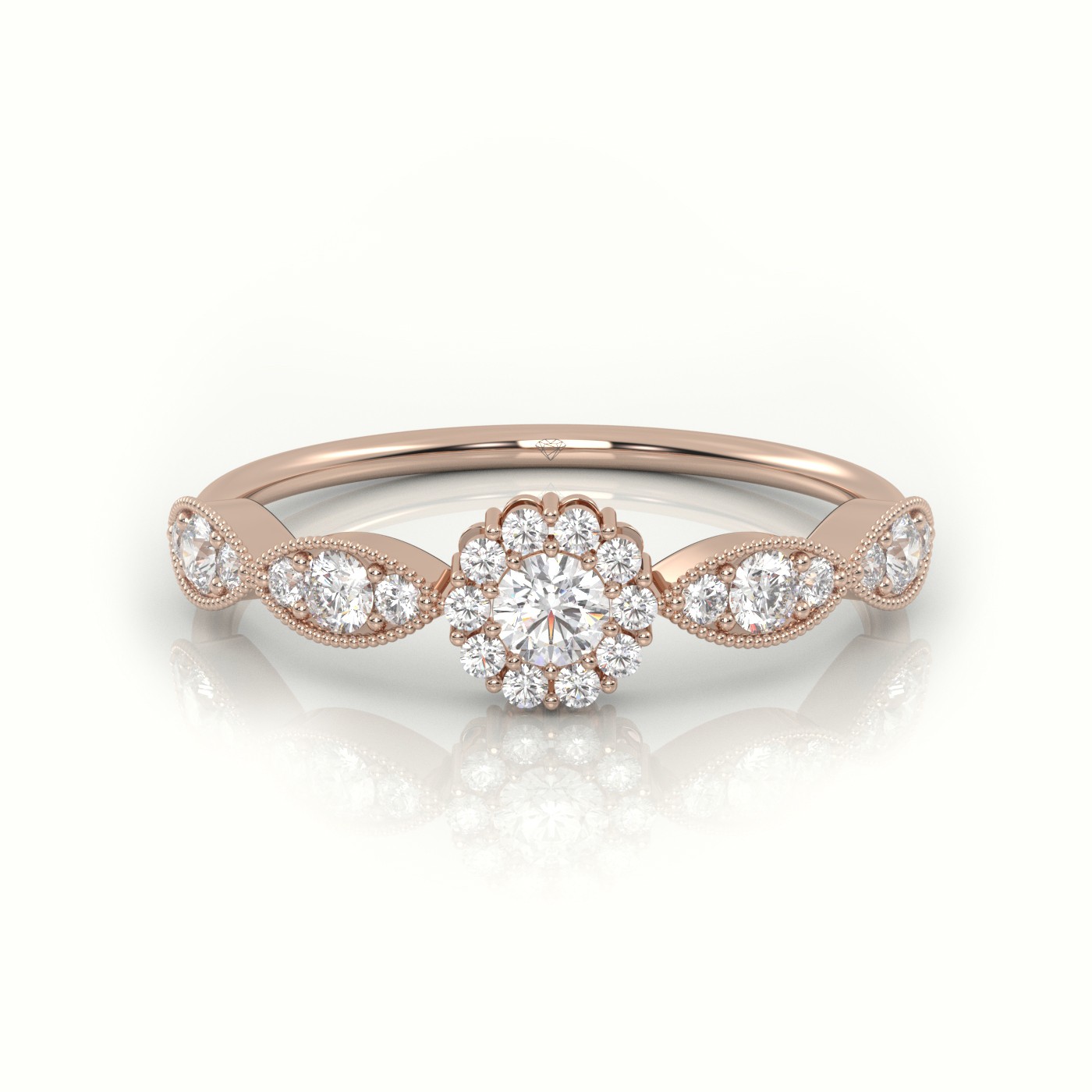 18k rose gold  round cut diamond floral design milgrain setting designer ring