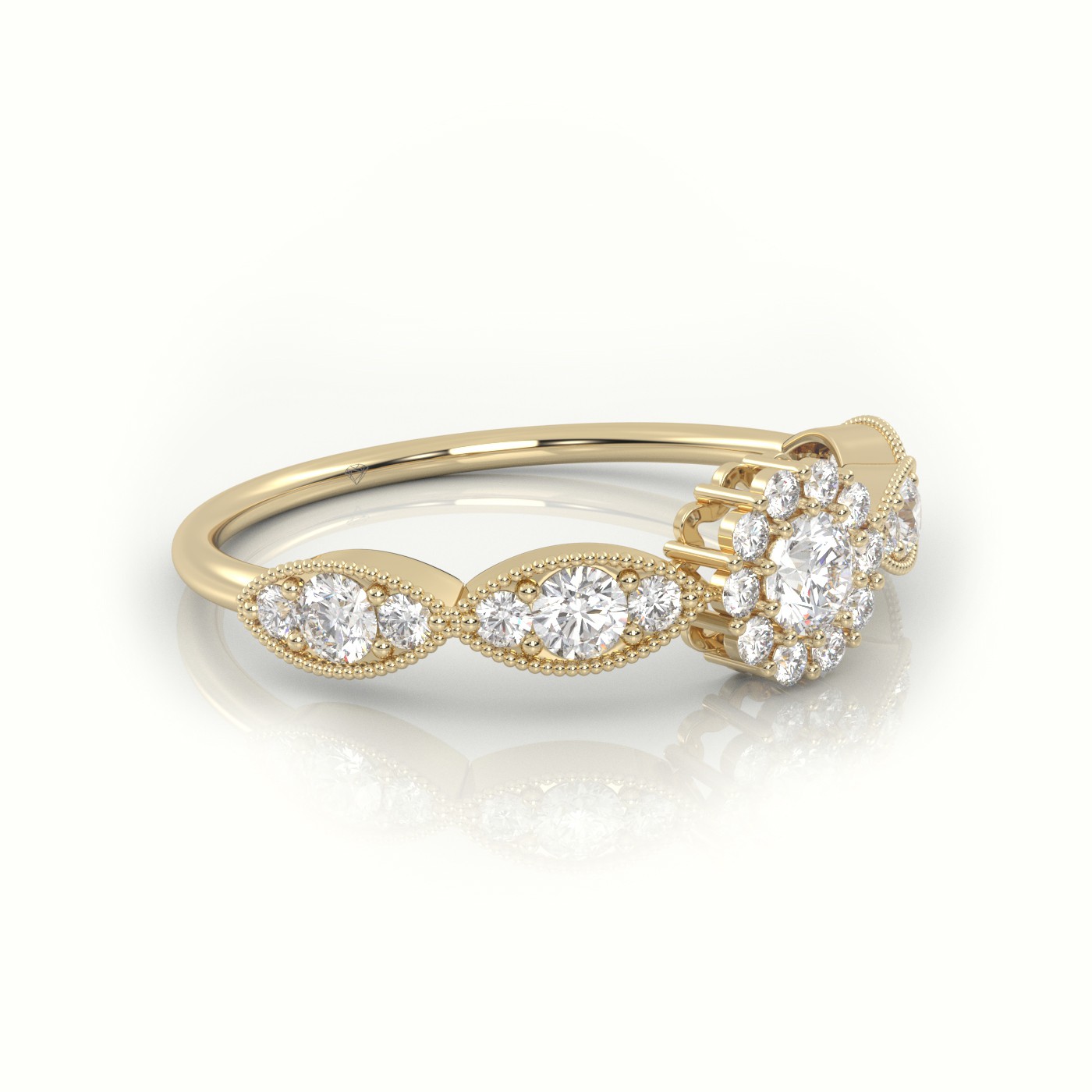 18k yellow gold  round cut diamond floral design milgrain setting designer ring Photos & images