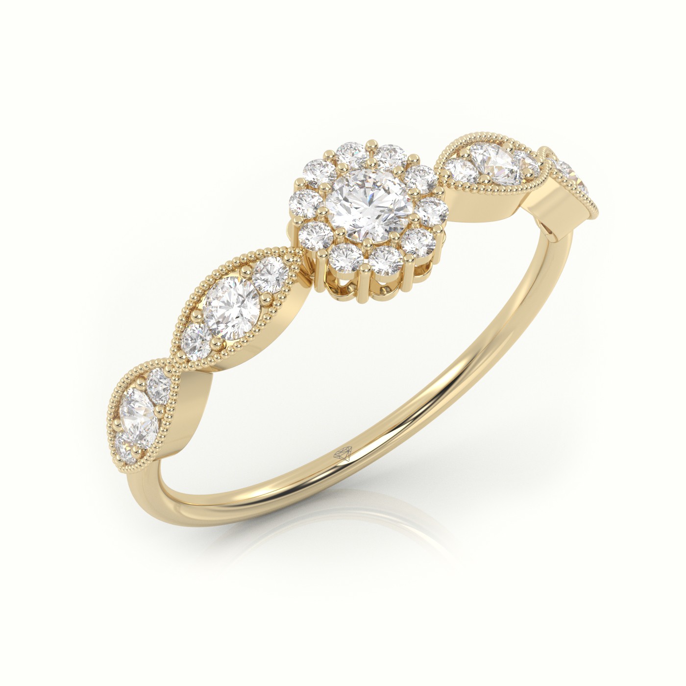 18k yellow gold  round cut diamond floral design milgrain setting designer ring Photos & images