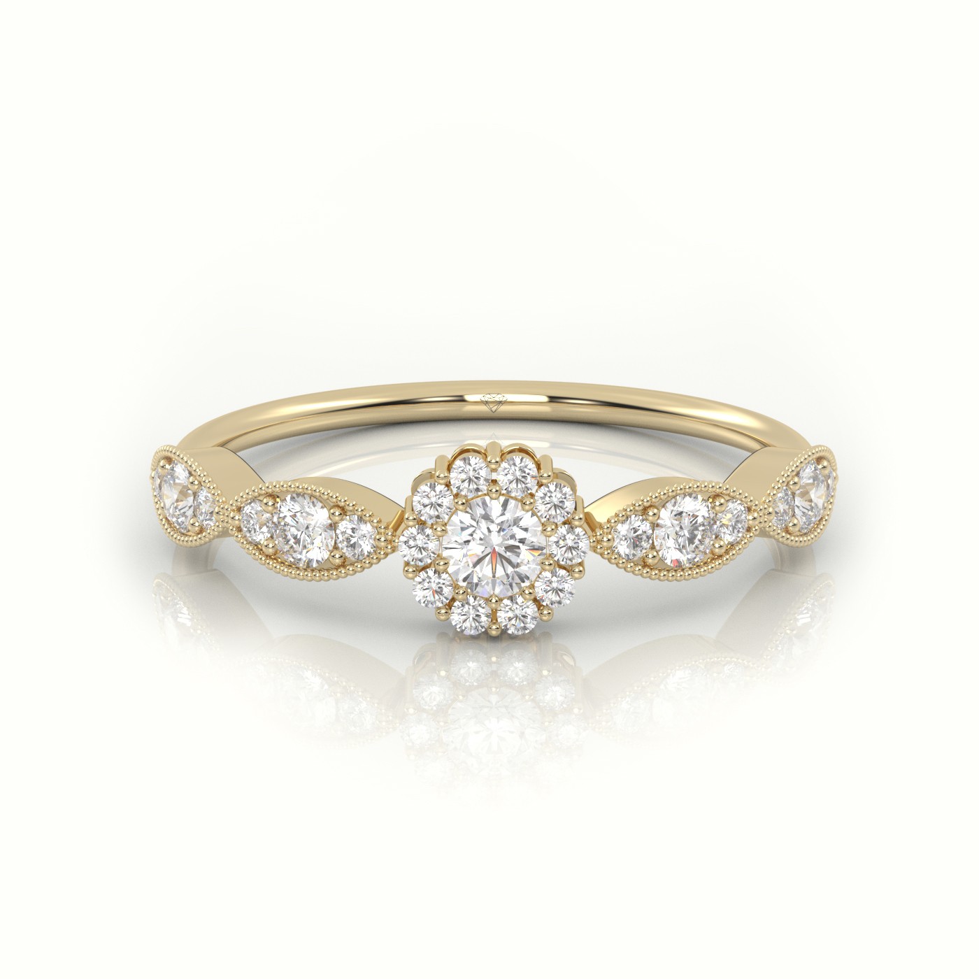 18k yellow gold  round cut diamond floral design milgrain setting designer ring