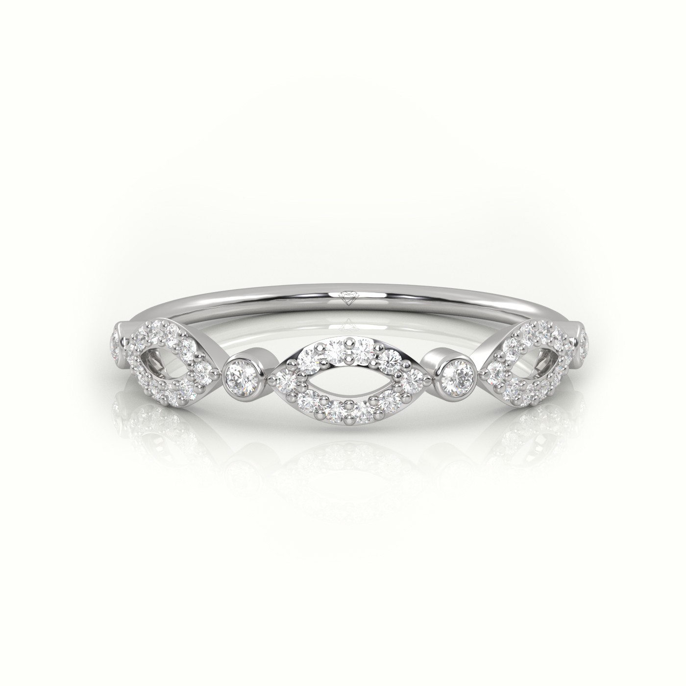 18k white gold  round cut diamond infinity bezel set designer ring