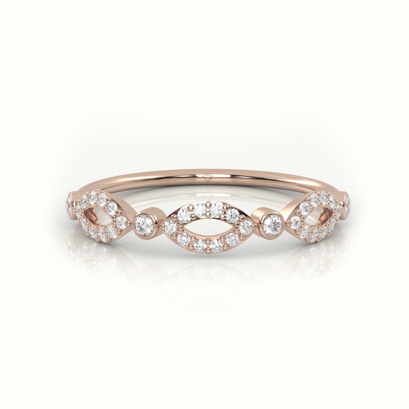 18k rose gold  round cut diamond infinity bezel set designer ring