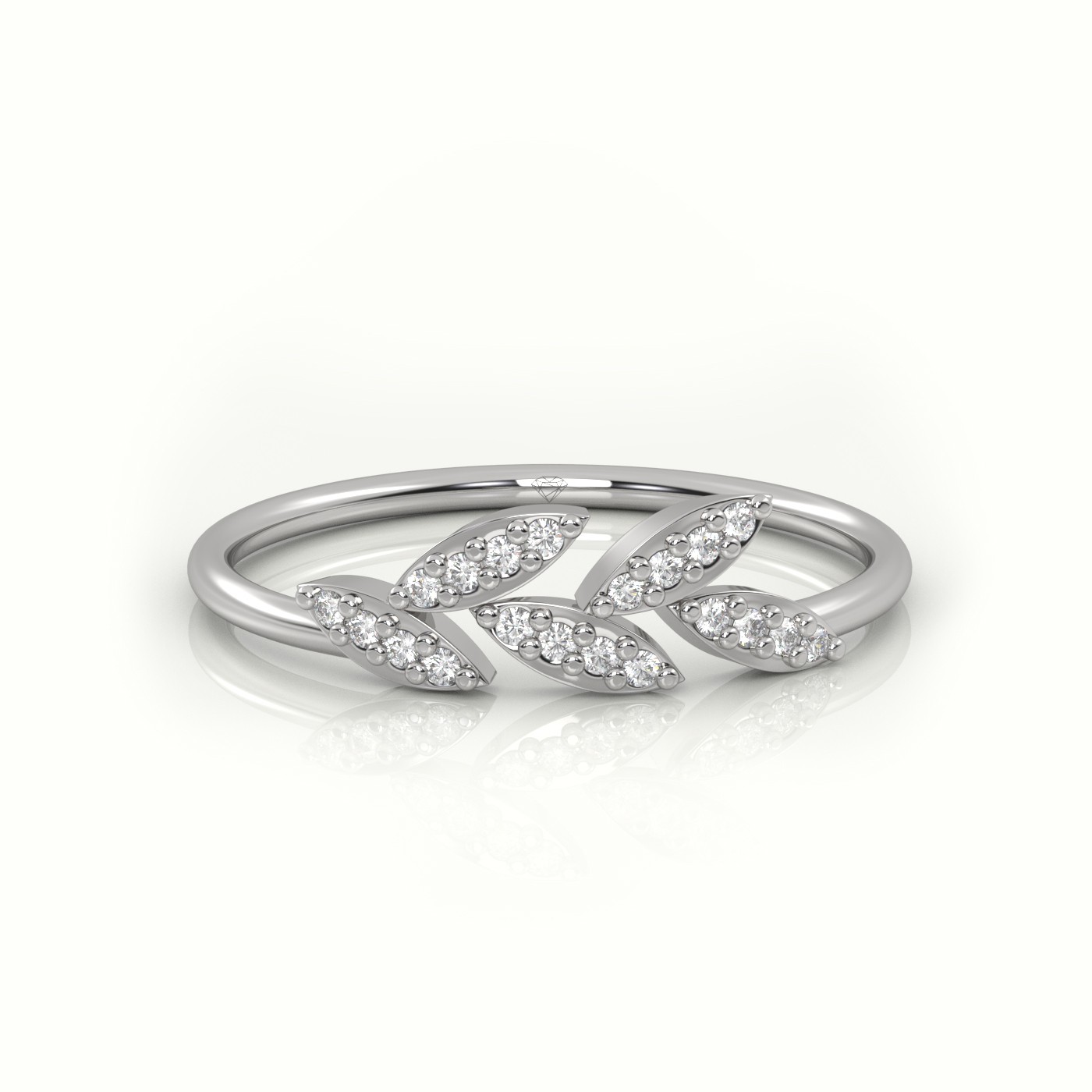 18k white gold  round cut diamond leaf style designer ring