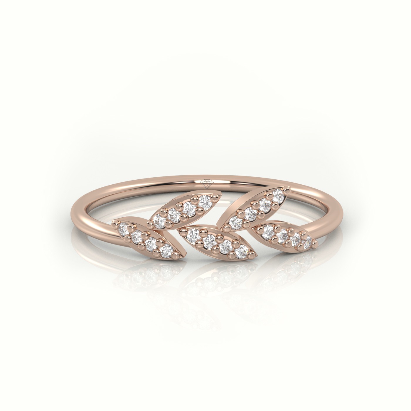 18k rose gold  round cut diamond leaf style designer ring