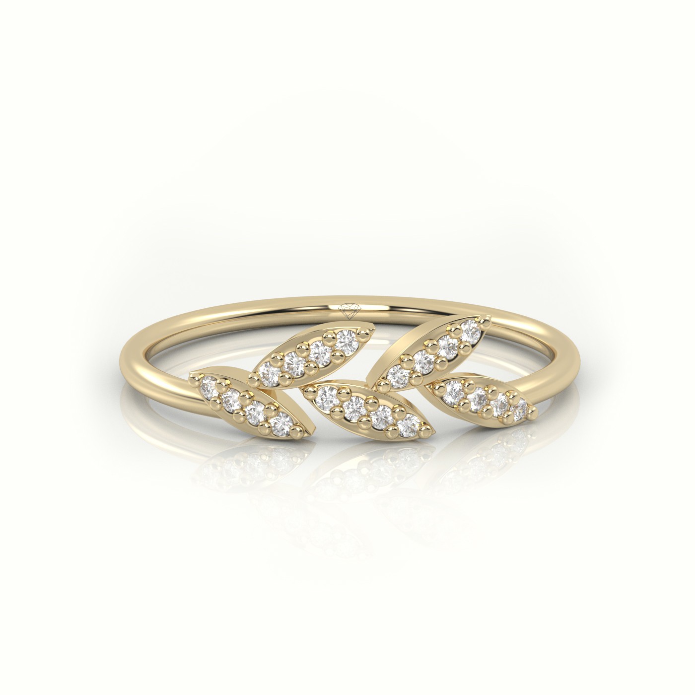 18k yellow gold  round cut diamond leaf style designer ring