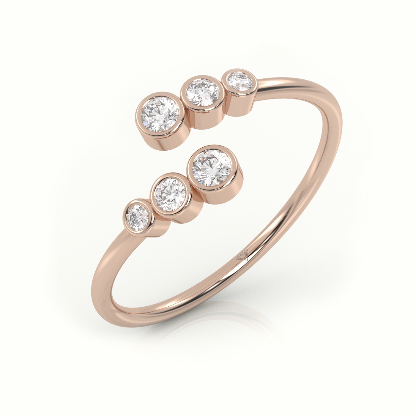 18k rose gold  round cut diamond bezel setting open designer ring Photos & images