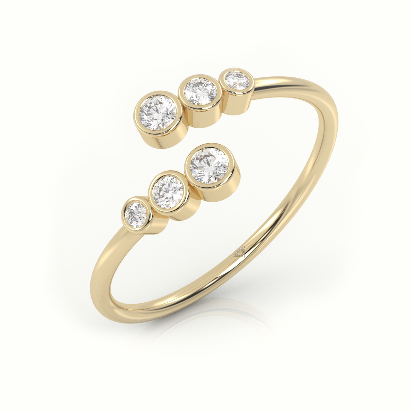 18k yellow gold  round cut diamond bezel setting open designer ring Photos & images