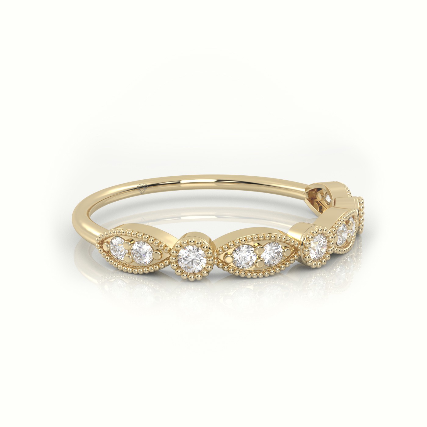 18k yellow gold  round cut diamond infinity design milgrain setting ring Photos & images