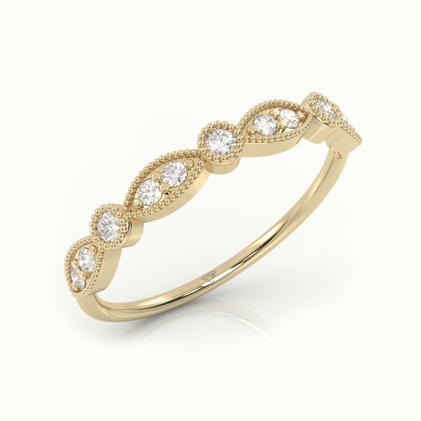 18k yellow gold  round cut diamond infinity design milgrain setting ring Photos & images
