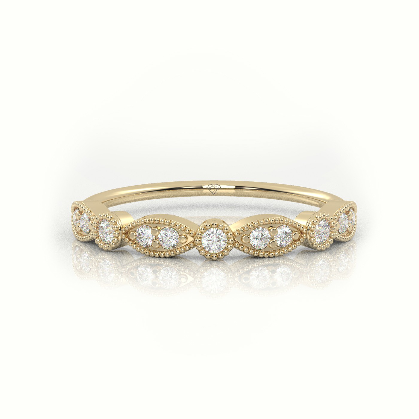 18k yellow gold  round cut diamond infinity design milgrain setting ring