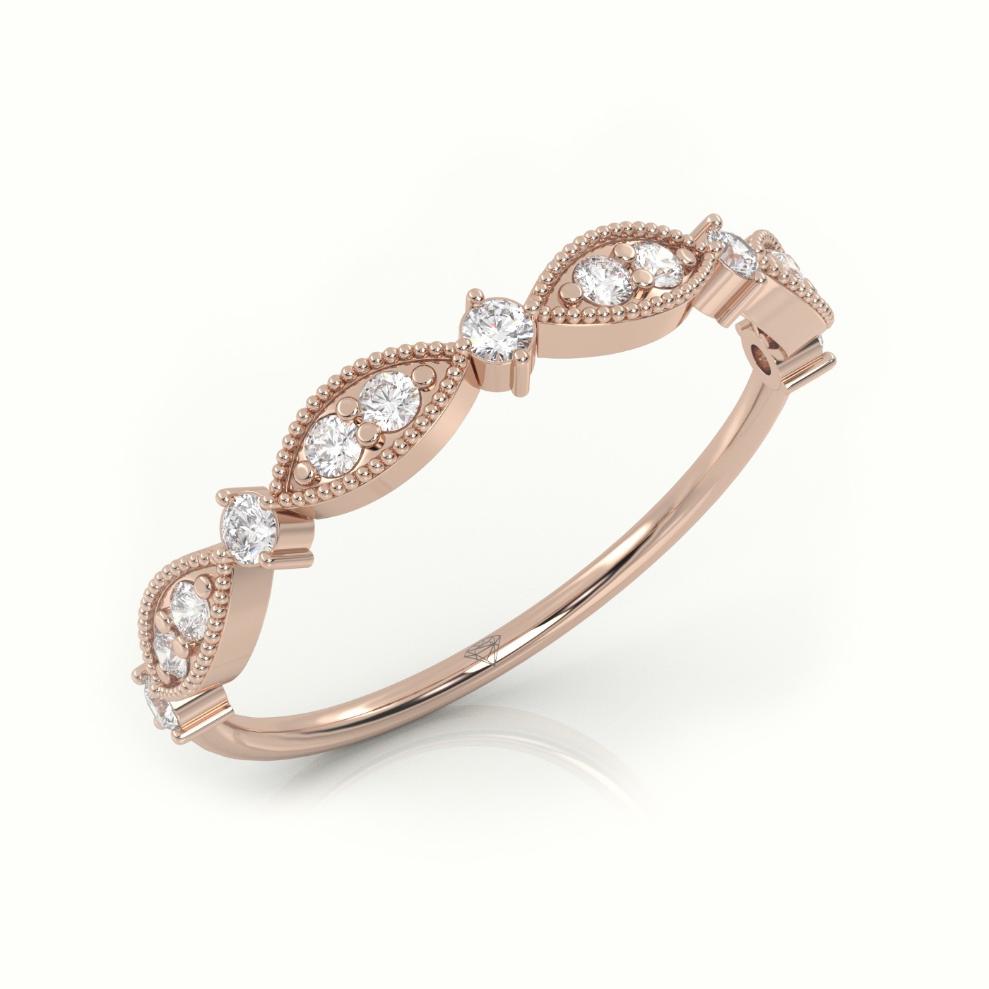 18k rose gold  round cut diamond milgrain setting designer ring Photos & images