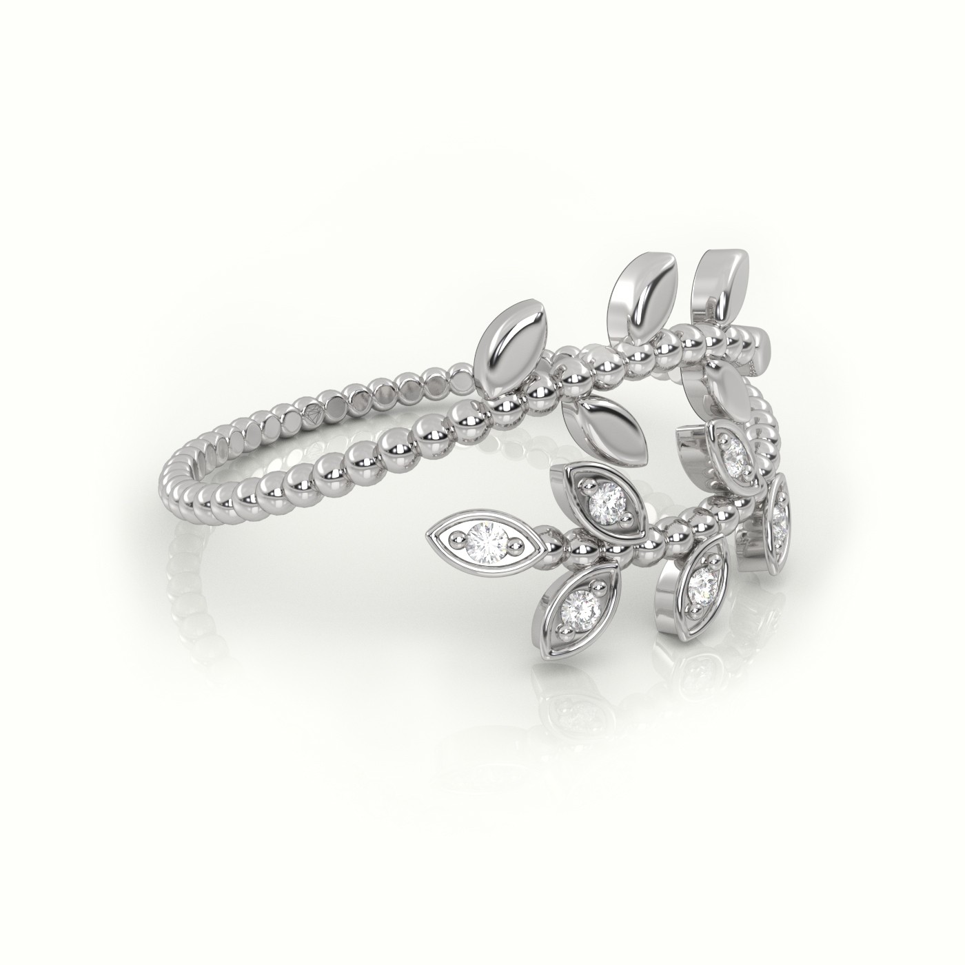 18k white gold  round cut diamond leaf designer ring Photos & images