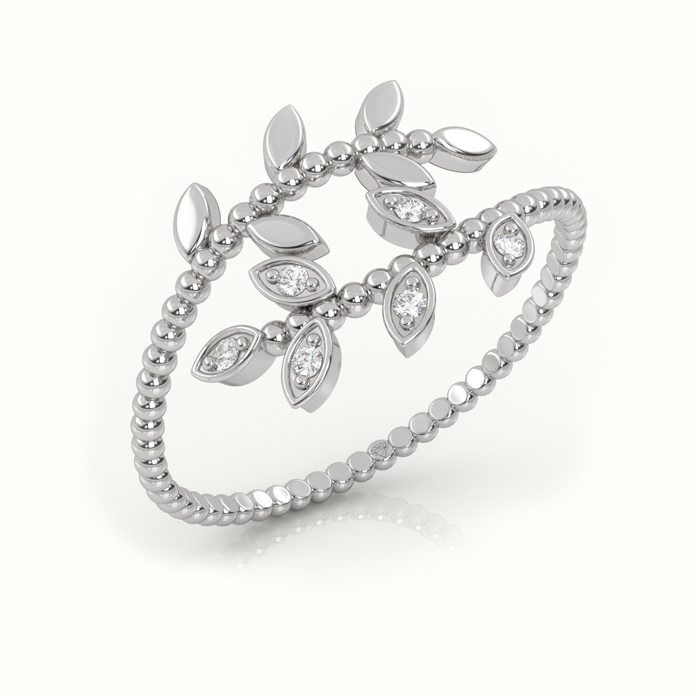 18k white gold  round cut diamond leaf designer ring Photos & images