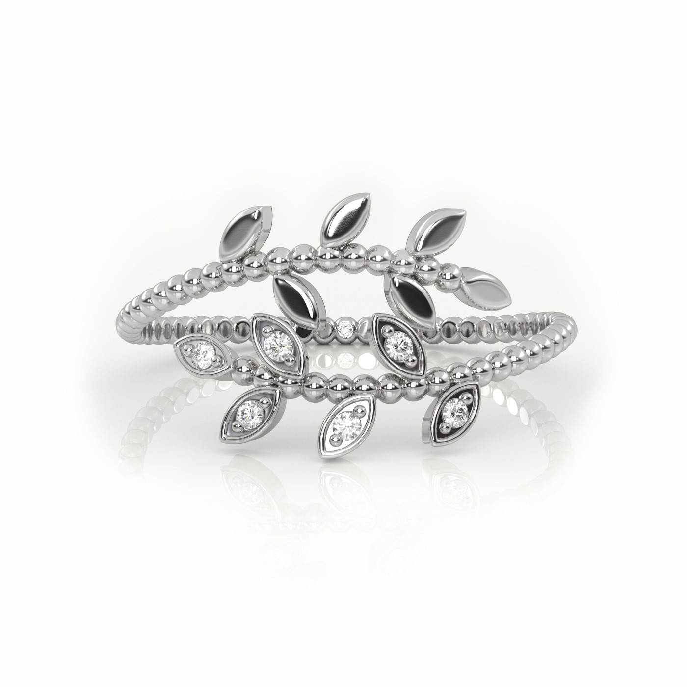 18k white gold  round cut diamond leaf designer ring