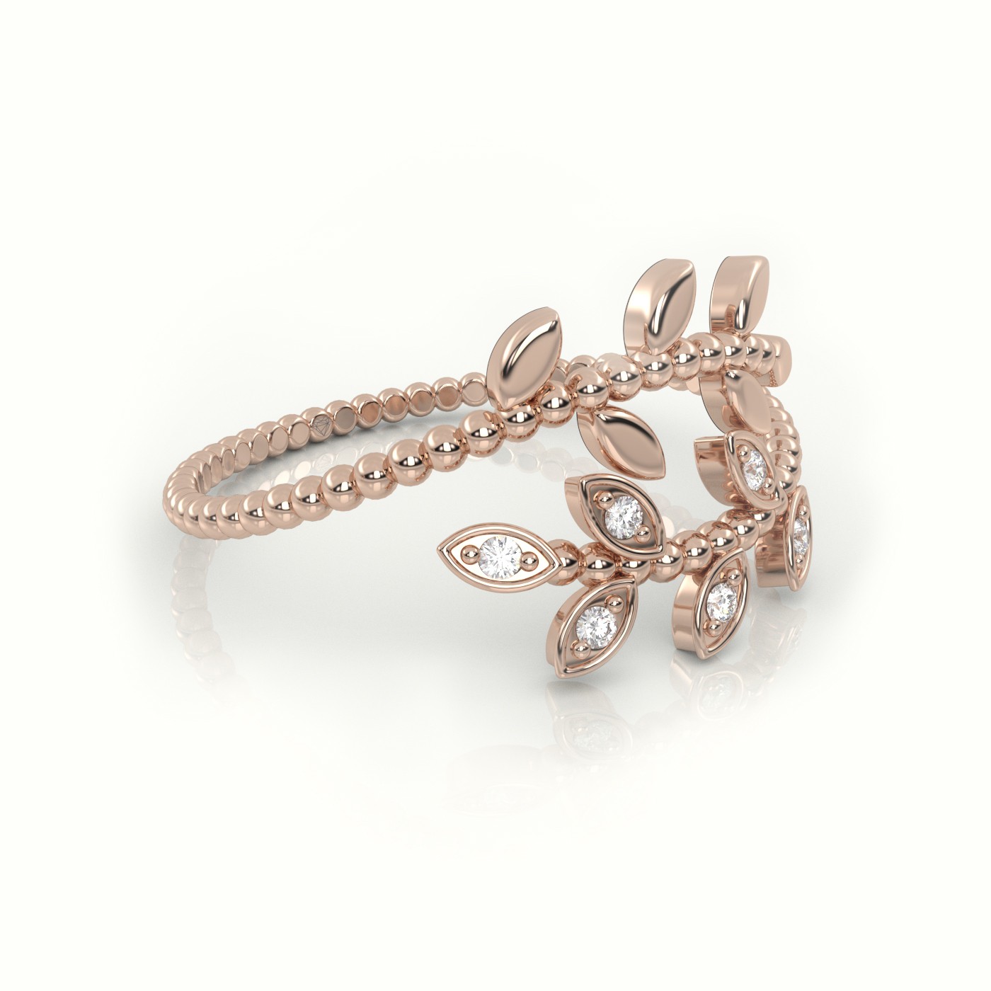 18k rose gold  round cut diamond leaf designer ring Photos & images