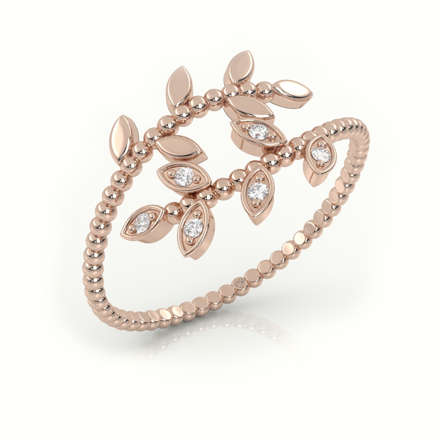 18k rose gold  round cut diamond leaf designer ring Photos & images