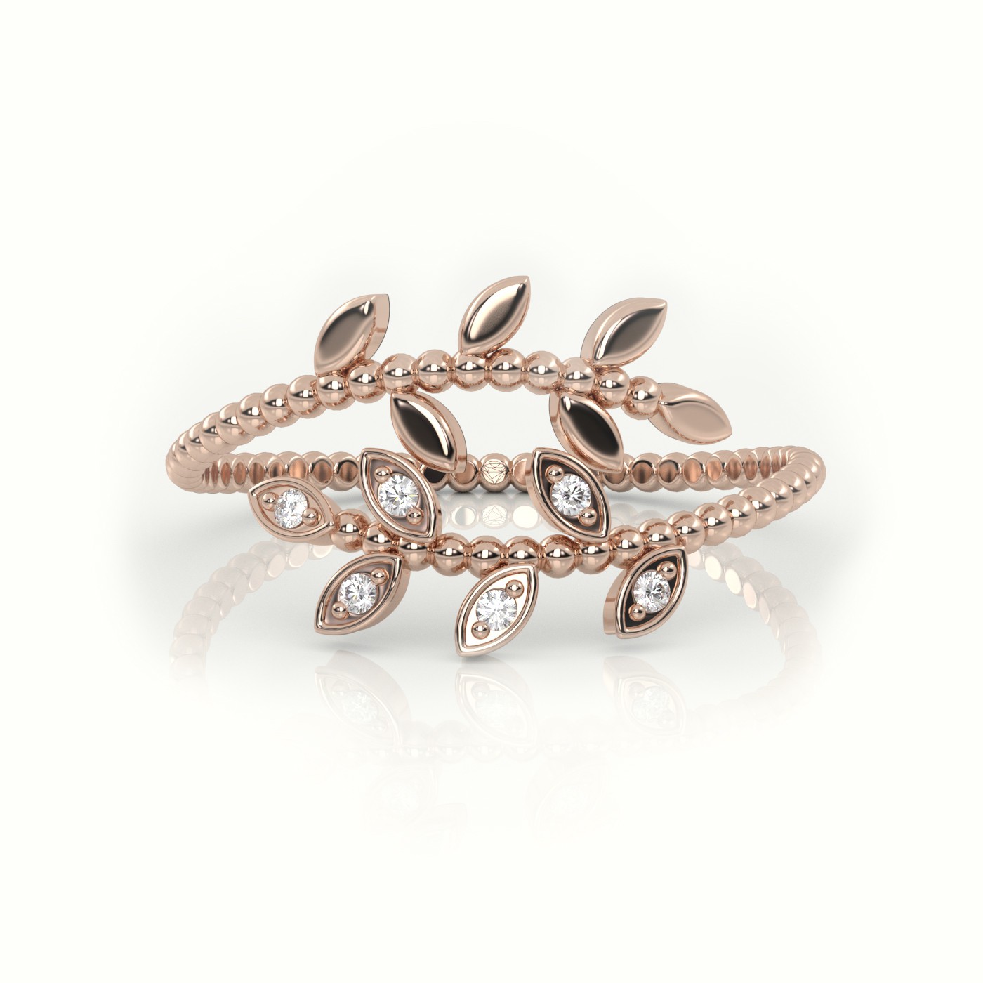 18k rose gold  round cut diamond leaf designer ring