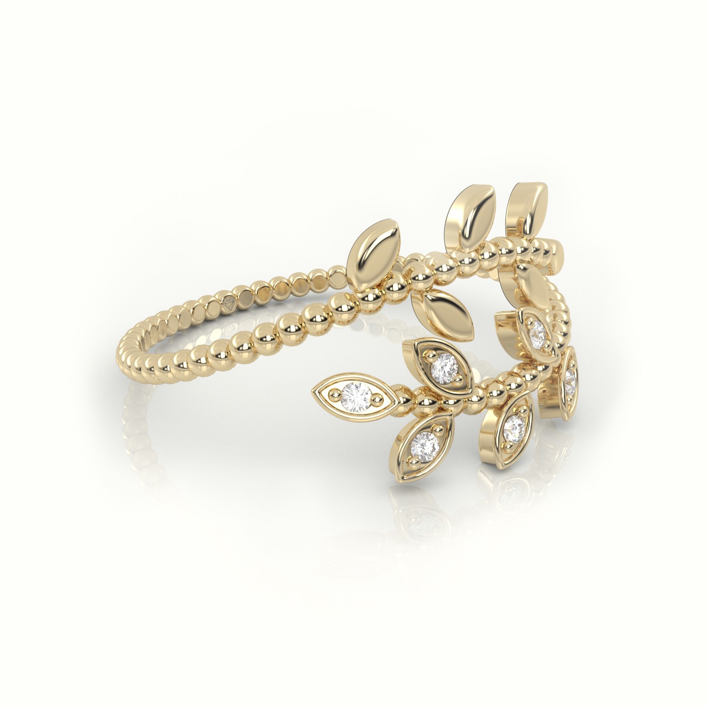 18k yellow gold  round cut diamond leaf designer ring Photos & images