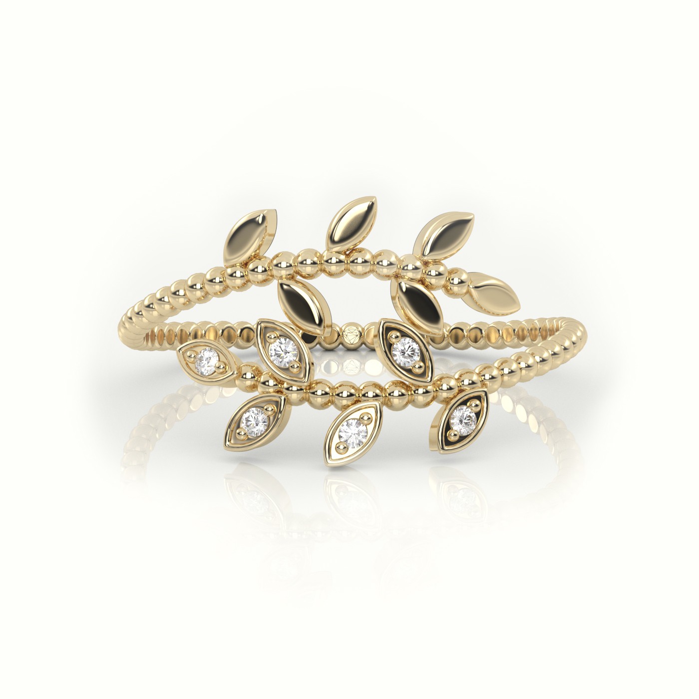 18k yellow gold  round cut diamond leaf designer ring