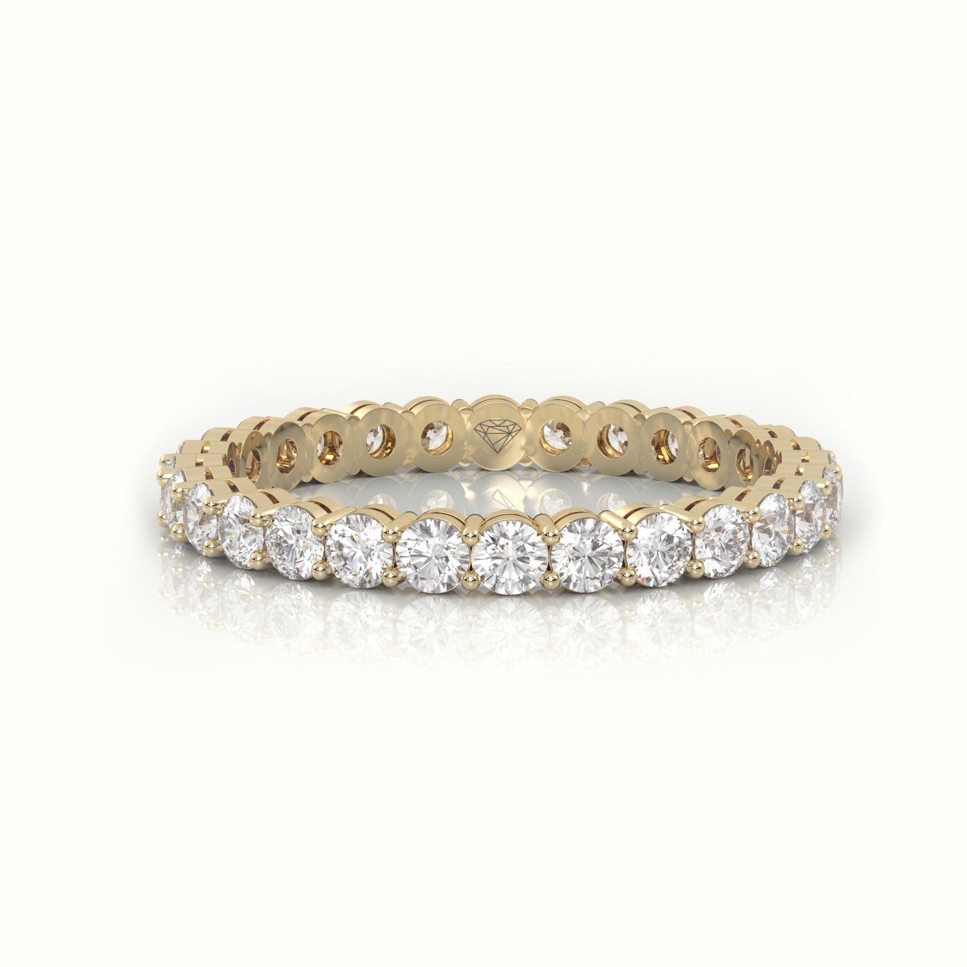18k yellow gold  round cut diamond shared prongs eternity wedding band