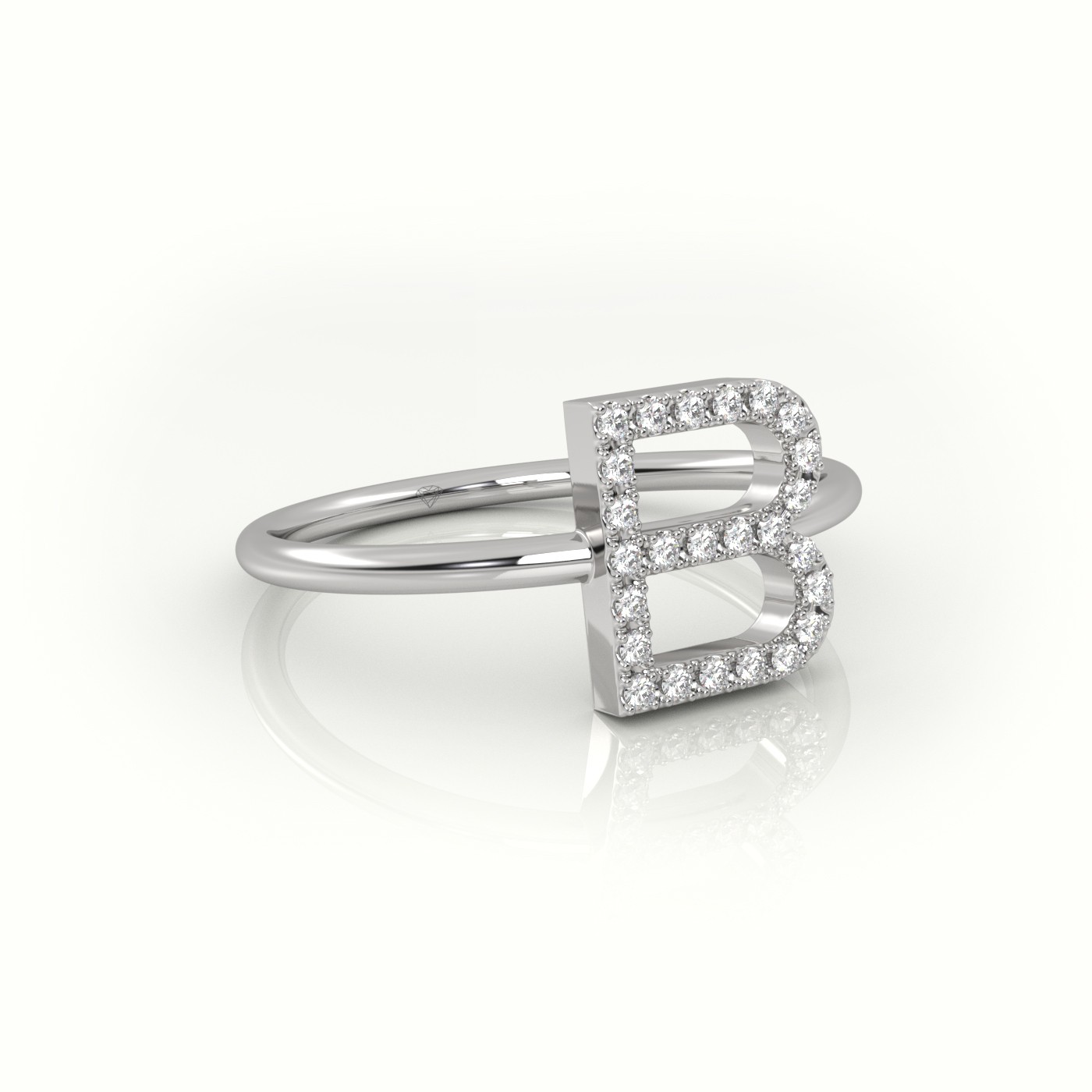 18k white gold  round cut diamonds “b” initials monogram alphabet ring Photos & images