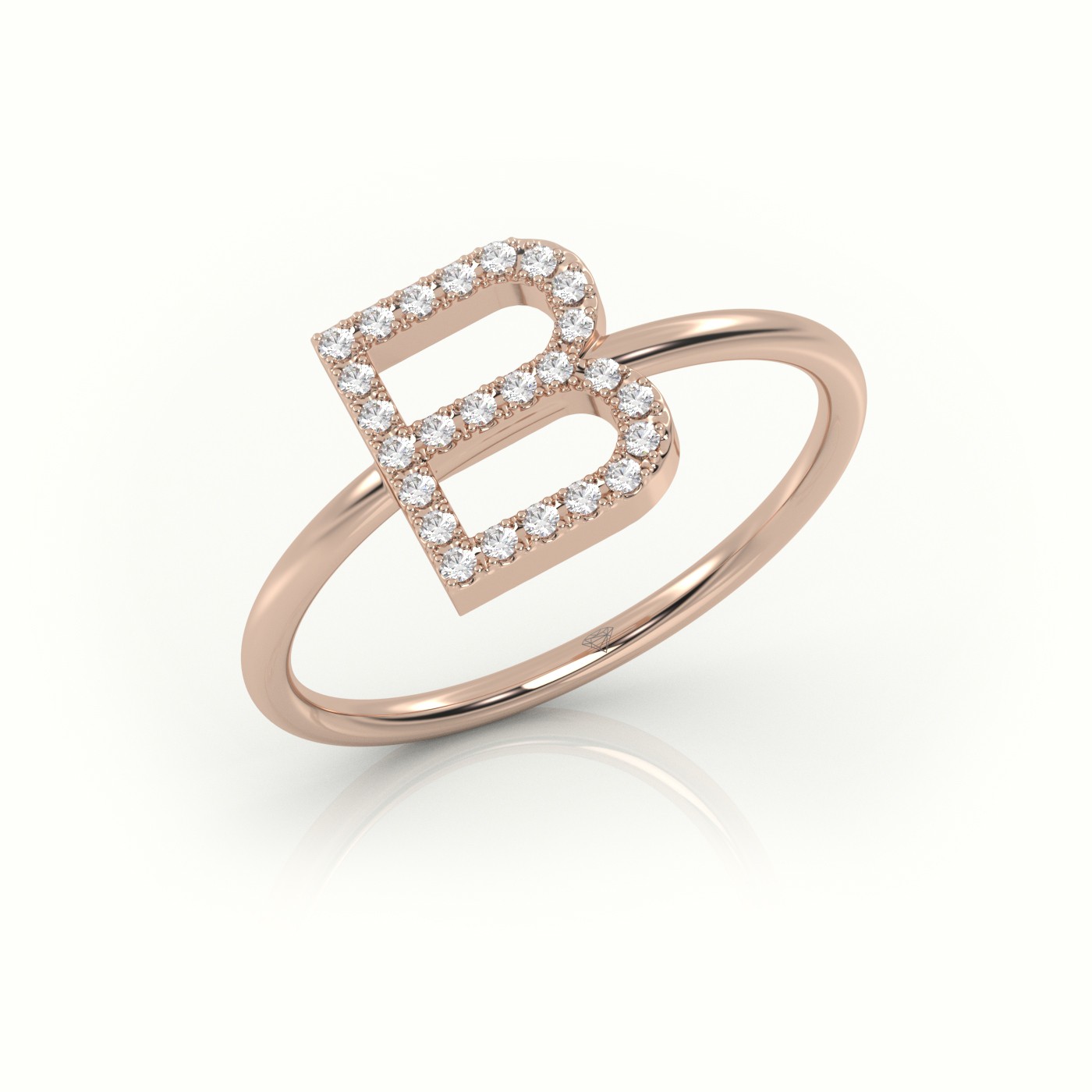 18k rose gold  round cut diamonds “b” initials monogram alphabet ring Photos & images