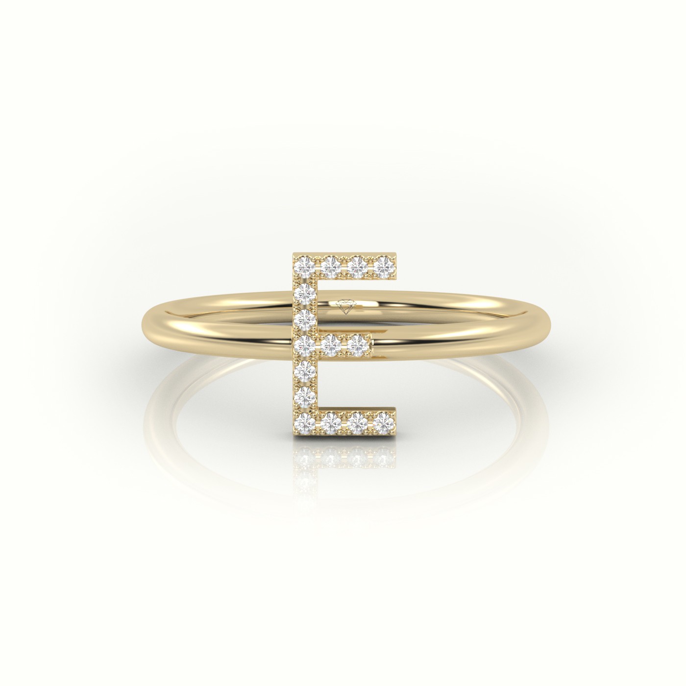 18k yellow gold  round cut diamonds “e” initials monogram alphabet ring