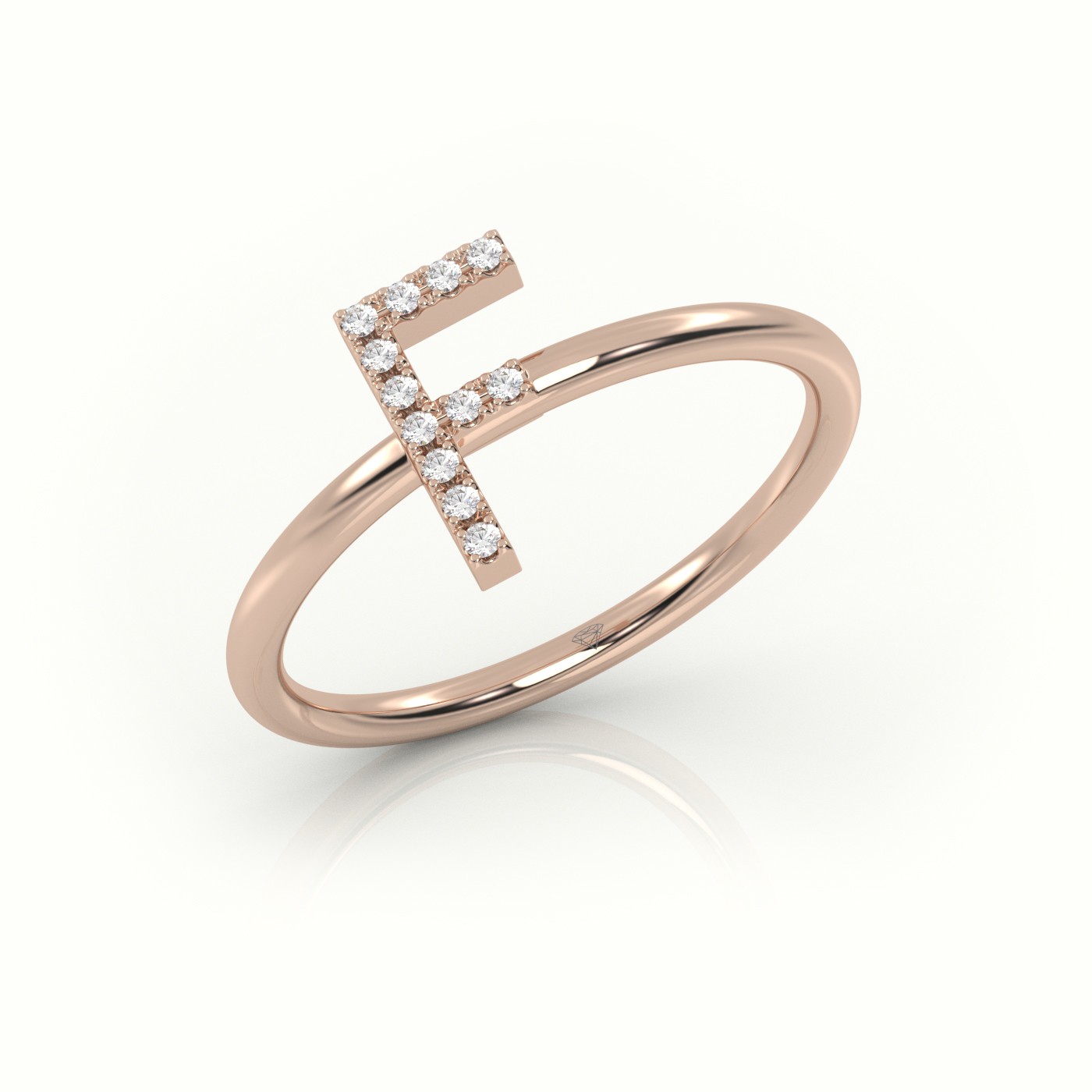 18k rose gold  round cut diamonds “f” initials monogram alphabet ring Photos & images