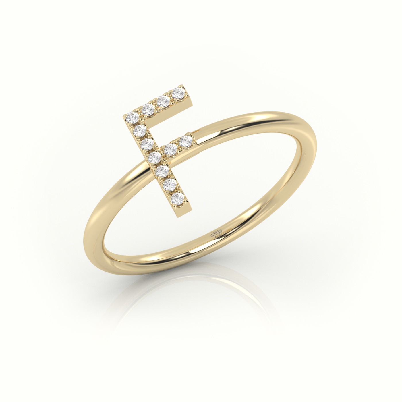 18k yellow gold  round cut diamonds “f” initials monogram alphabet ring Photos & images