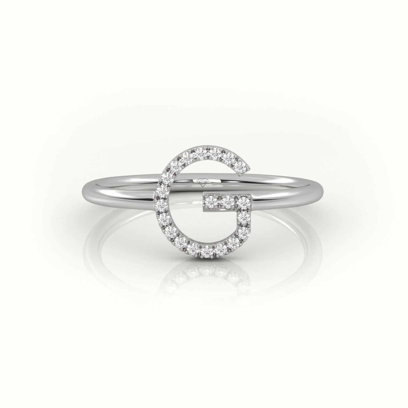 18k white gold  round cut diamonds “g” initials monogram alphabet ring