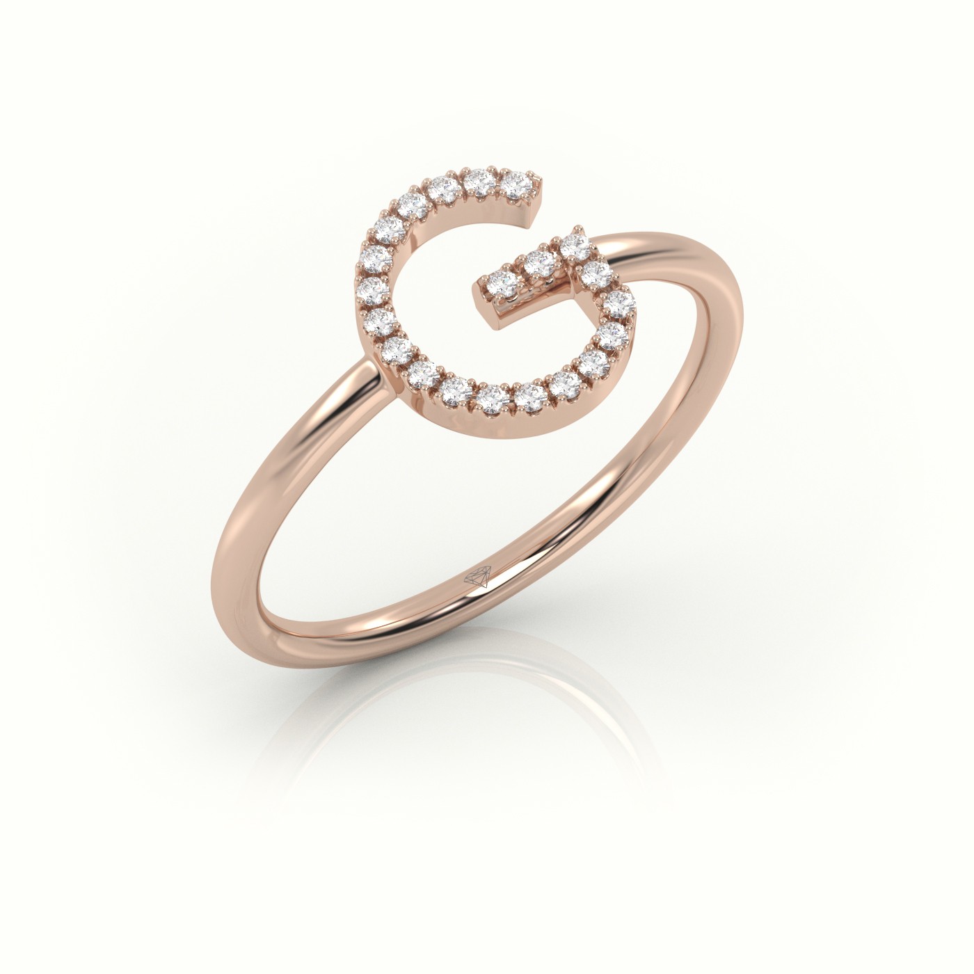 18k rose gold  round cut diamonds “g” initials monogram alphabet ring Photos & images