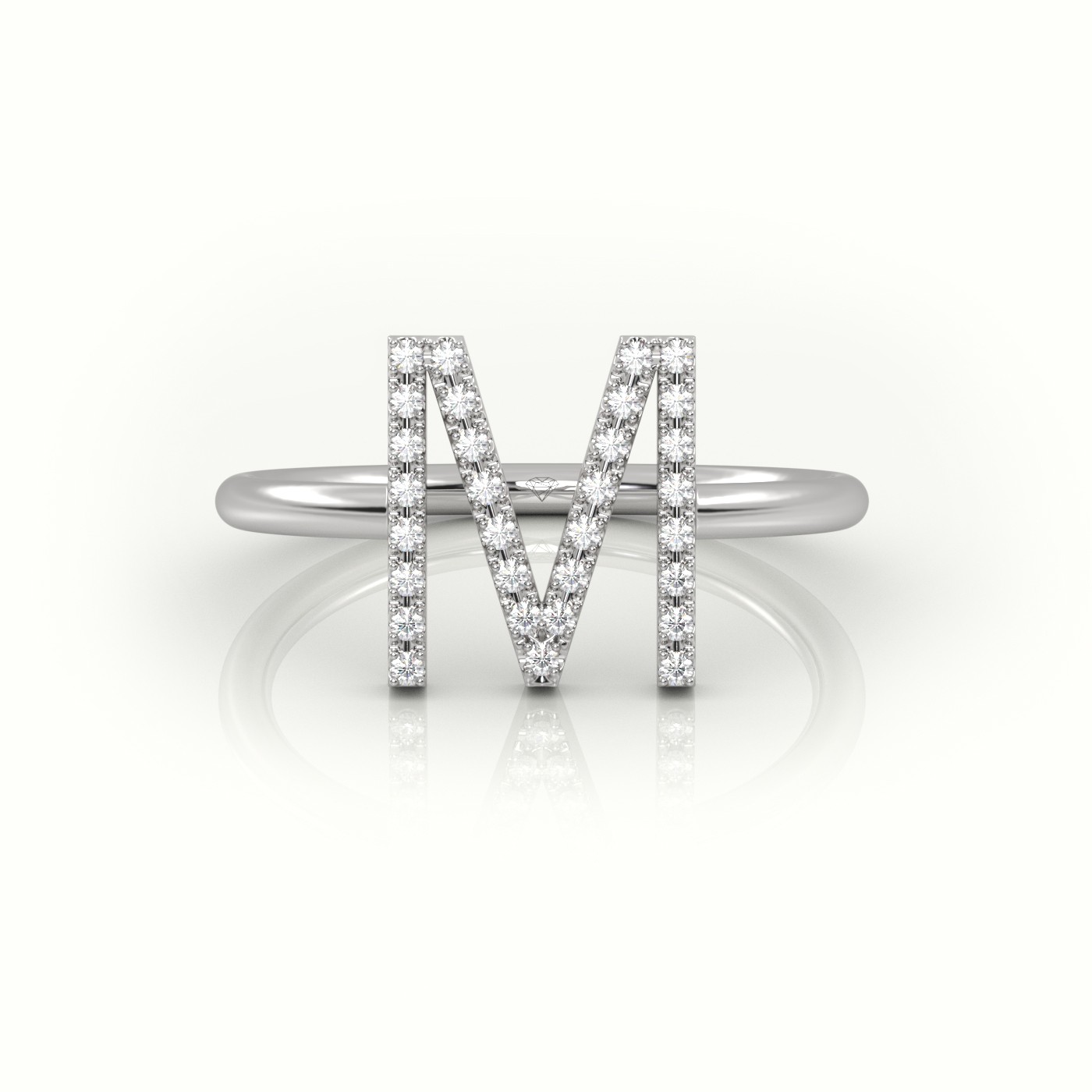 18k white gold  round cut diamonds “m” initials monogram alphabet ring
