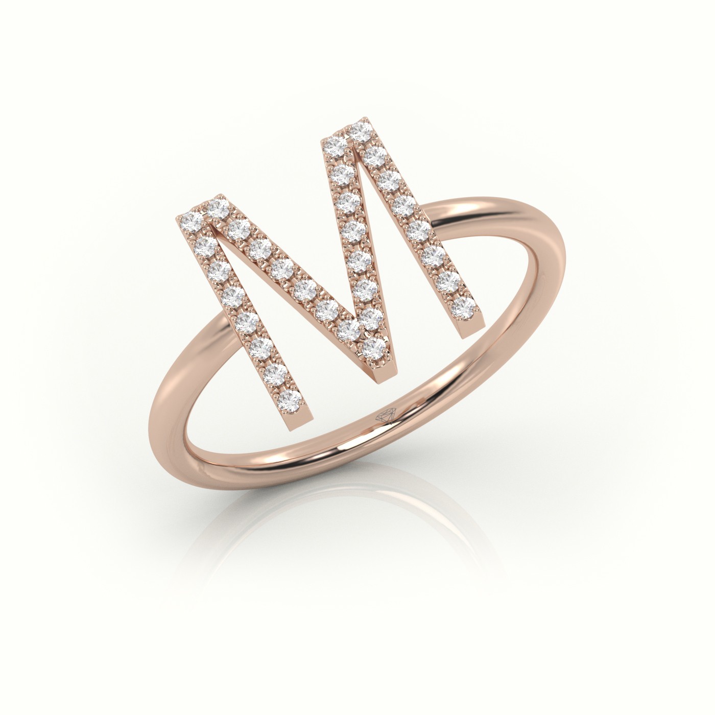 18k rose gold  round cut diamonds “m” initials monogram alphabet ring Photos & images