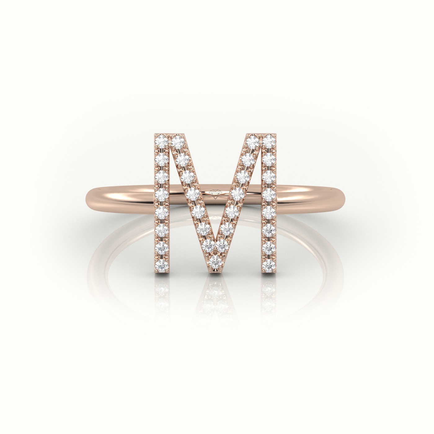 18k rose gold  round cut diamonds “m” initials monogram alphabet ring