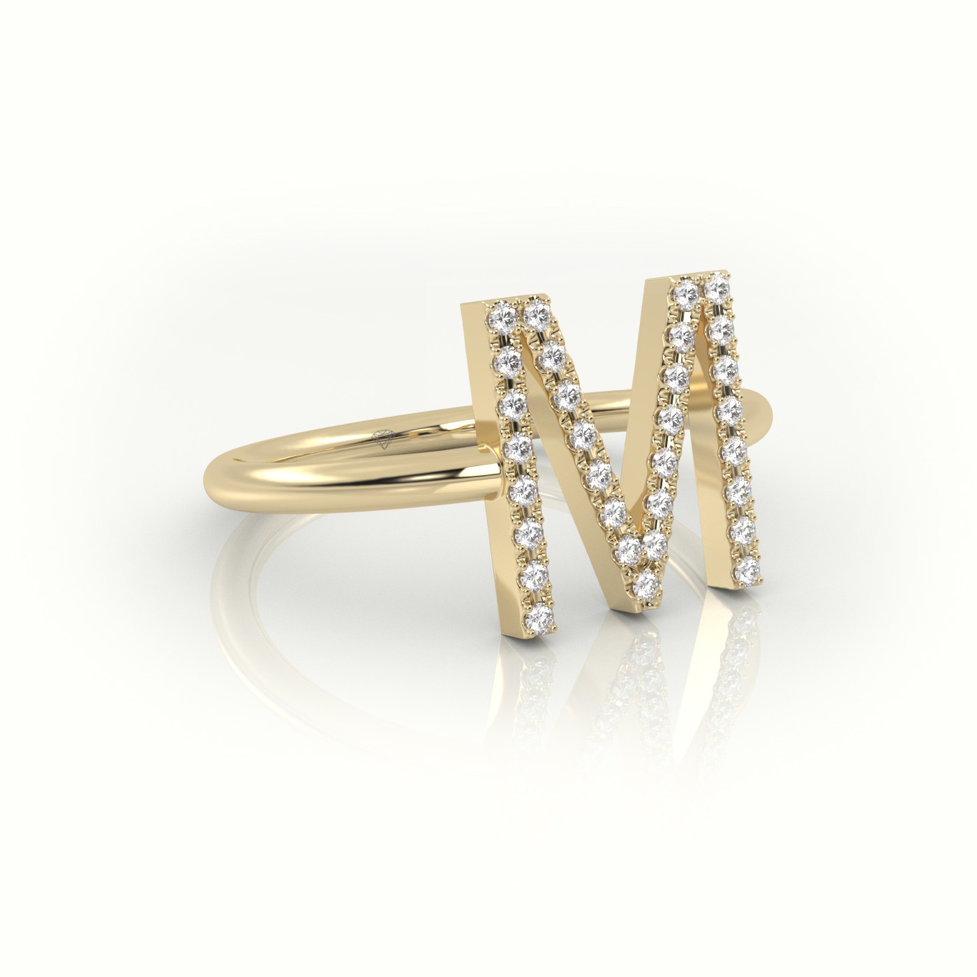 18k yellow gold  round cut diamonds “m” initials monogram alphabet ring Photos & images