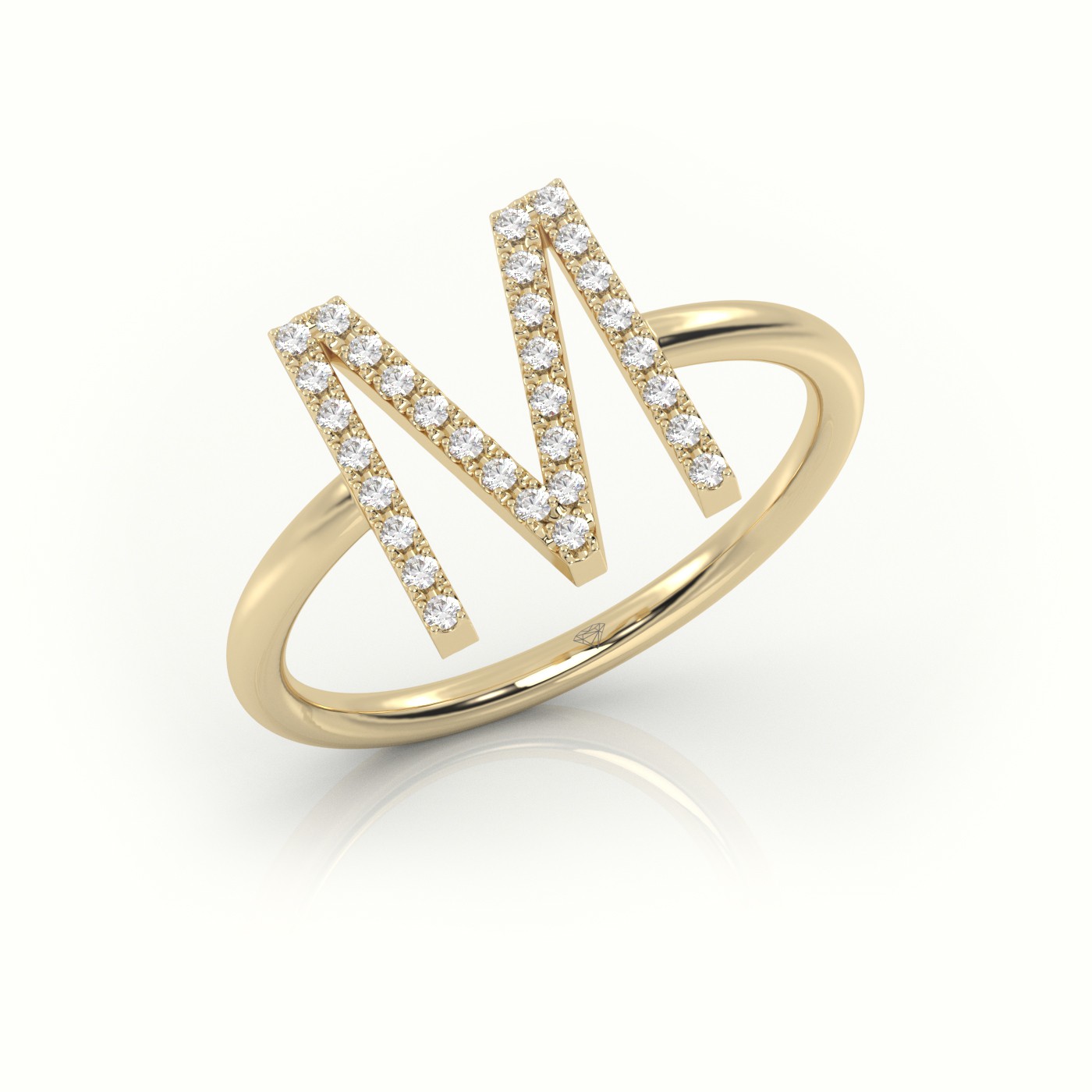 18k yellow gold  round cut diamonds “m” initials monogram alphabet ring Photos & images