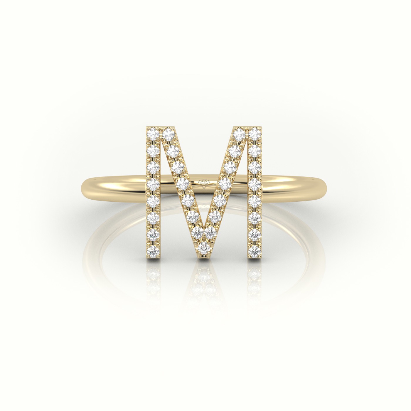 18k yellow gold  round cut diamonds “m” initials monogram alphabet ring