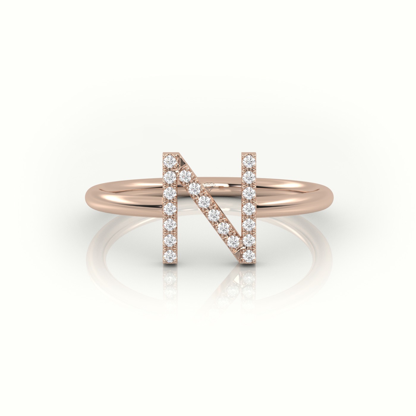 18k rose gold  round cut diamonds “n” initials monogram alphabet ring