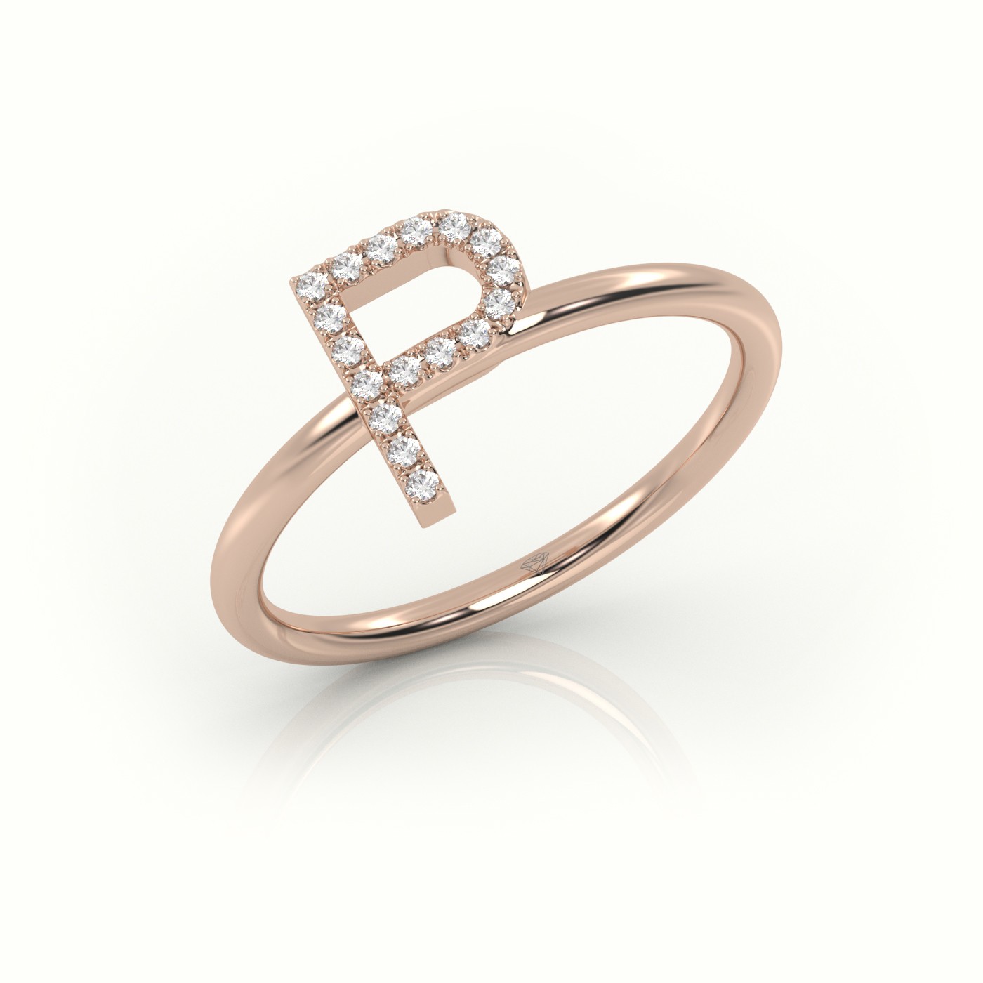18k rose gold  round cut diamonds “p” initials monogram alphabet ring Photos & images