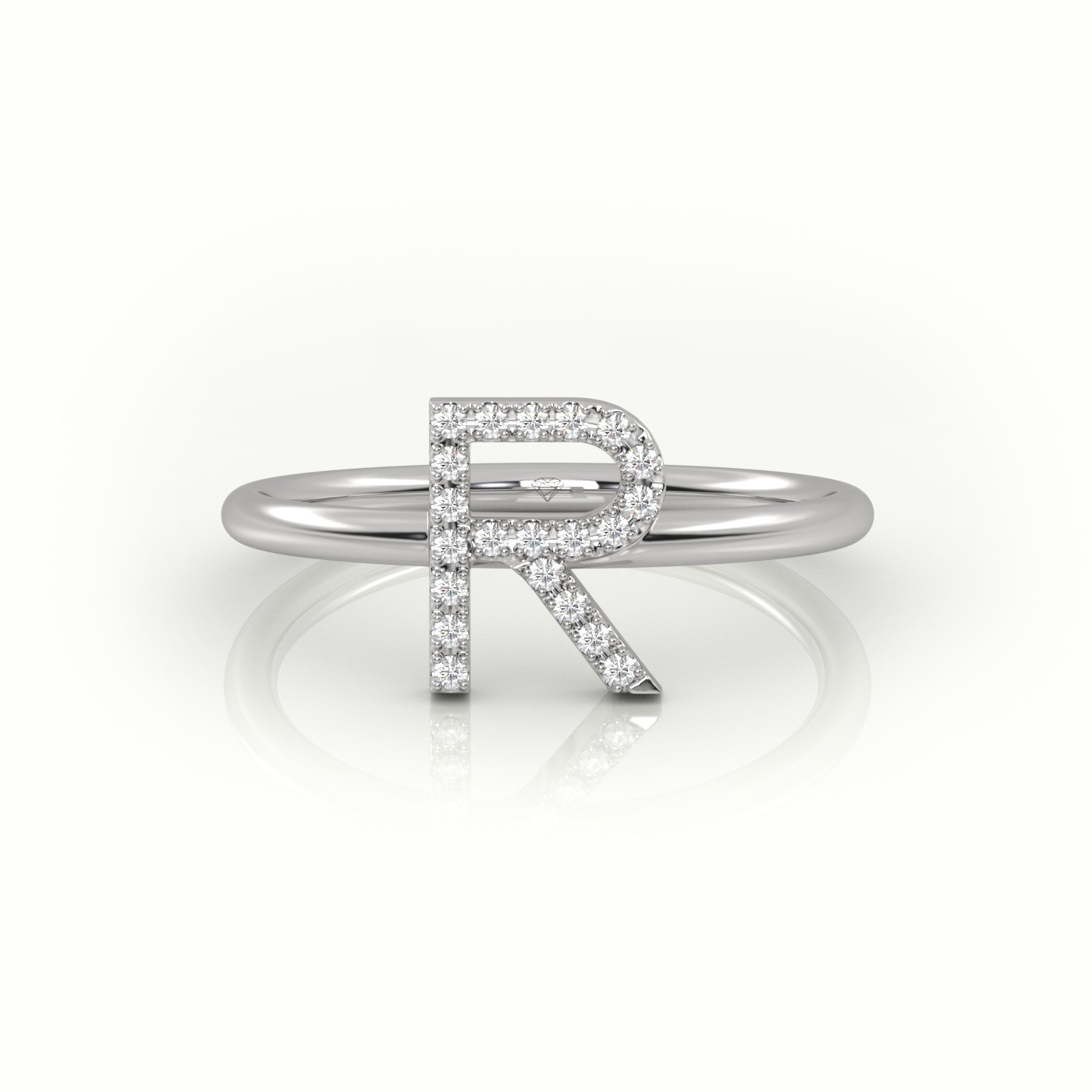 18k white gold  round cut diamonds “r” initials monogram alphabet ring